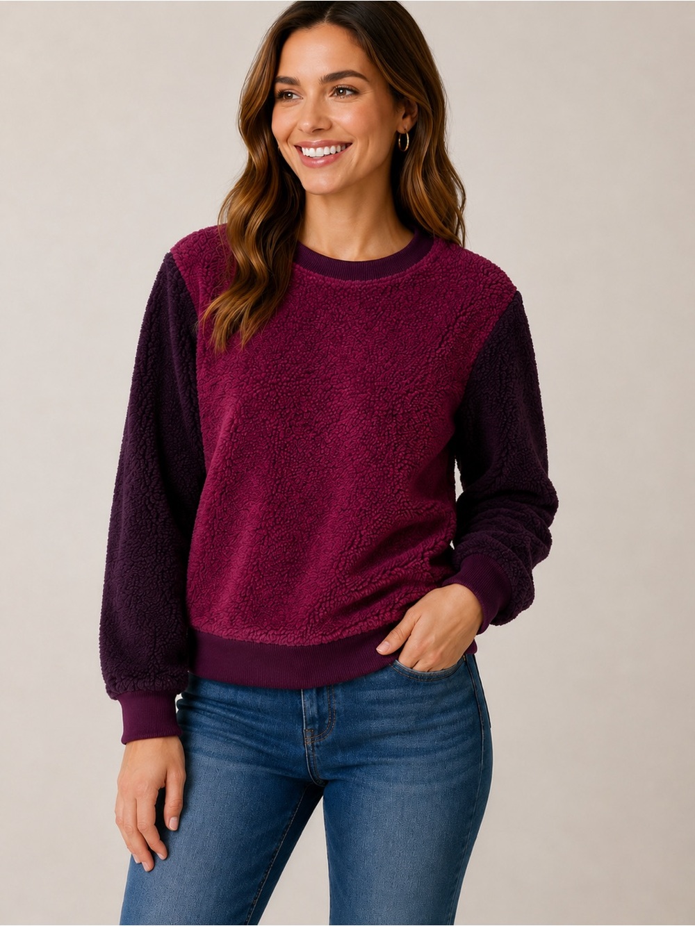 Rag & Bone Sherpa Fleece Pullover Sweatshirt Plum Large EUC